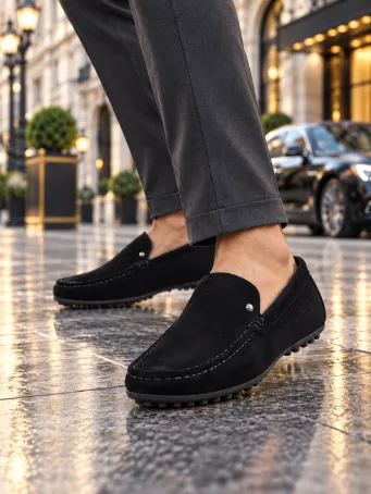 Men's Black Genuine Suede Driving-Sole Loafers