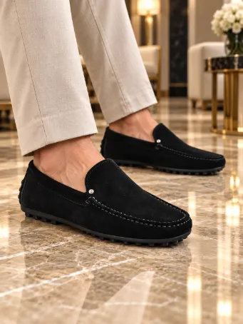 Men's Black Genuine Suede Driving-Sole Loafers