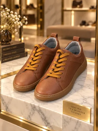 Men's Tan Genuine Leather Sneakers with Mustard Laces