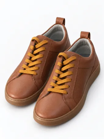 Men's Tan Genuine Leather Sneakers with Mustard Laces