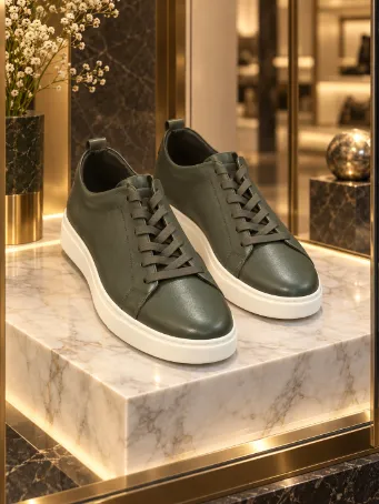 Men's Olive Green Genuine Leather Sneakers with White Soles