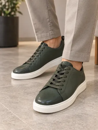 Men's Olive Green Genuine Leather Sneakers with White Soles