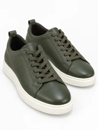 Men's Olive Green Genuine Leather Sneakers with White Soles
