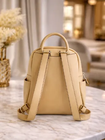 Krem Mini Kadın Sırt Çantası V Logolu Şık Günlük Çanta