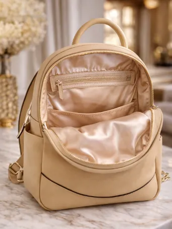 Krem Mini Kadın Sırt Çantası V Logolu Şık Günlük Çanta