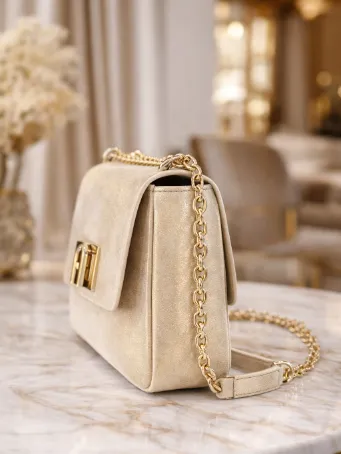 Krem Şampanya Kadın Omuz Çantası Gold Zincir Askılı Şık Gece Çantası