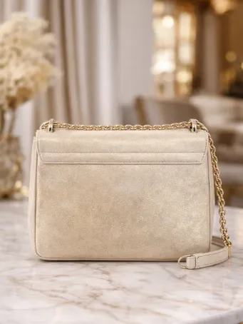 Krem Şampanya Kadın Omuz Çantası Gold Zincir Askılı Şık Gece Çantası