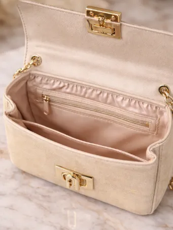 Krem Şampanya Kadın Omuz Çantası Gold Zincir Askılı Şık Gece Çantası