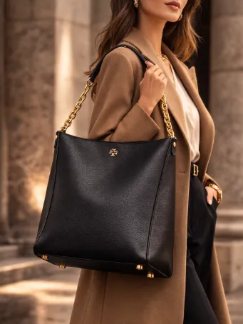 Lüks Siyah Full-Grain Deri Omuz Çantası Altın Zincir Detaylı