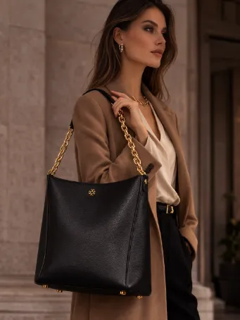 Lüks Siyah Full-Grain Deri Omuz Çantası Altın Zincir Detaylı