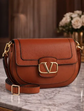 Taba Deri Kadın Omuz Çantası Gold V Tokalı Yarım Ay Çanta