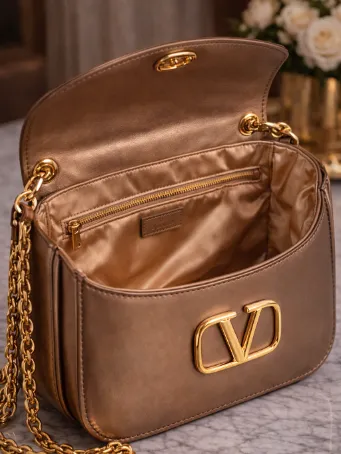 Vizon Deri Kadın Omuz Çantası Gold Zincir Askılı V Tokalı