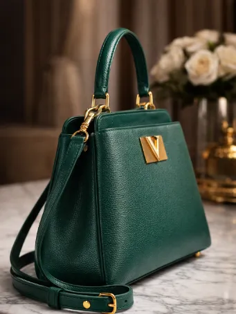 Yeşil Deri Kadın El ve Omuz Çantası Gold V Logolu