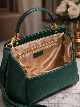 Yeşil Deri Kadın El ve Omuz Çantası Gold V Logolu
