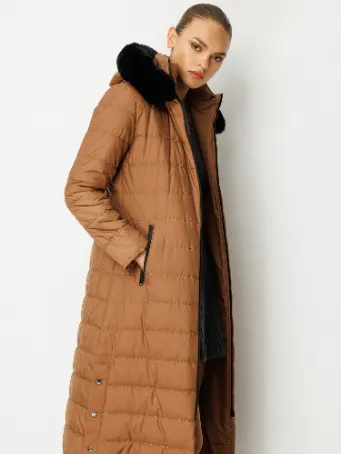 Kapüşonlu Kürk Detaylı Uzun Şişme Mont – Camel / Bej 5601