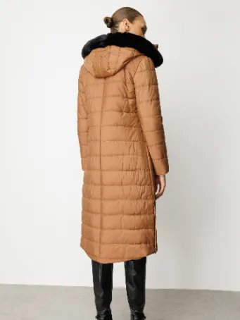 Kapüşonlu Kürk Detaylı Uzun Şişme Mont – Camel / Bej 5601