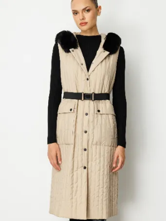 Kemer Detaylı Kapüşonlu Uzun Kapitone Kadın Yelek 5530