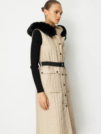 Kemer Detaylı Kapüşonlu Uzun Kapitone Kadın Yelek 5530