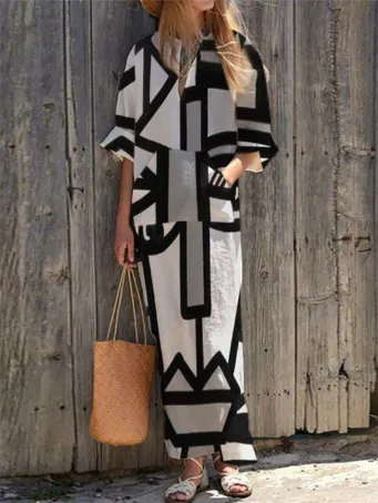 Sanatsal Desenli Maxi Elbise