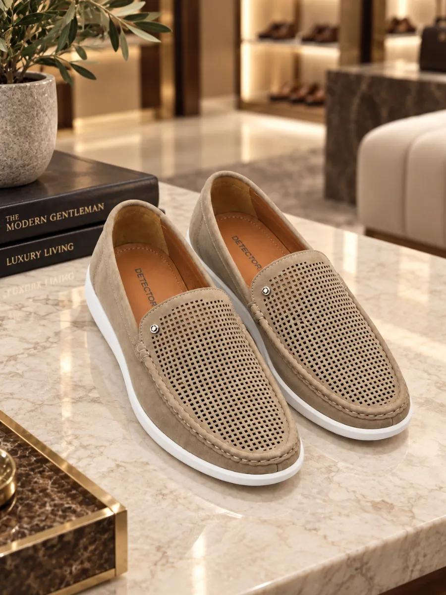 Detector Men's Beige Perforated Leather Loafers with Rubber Soles