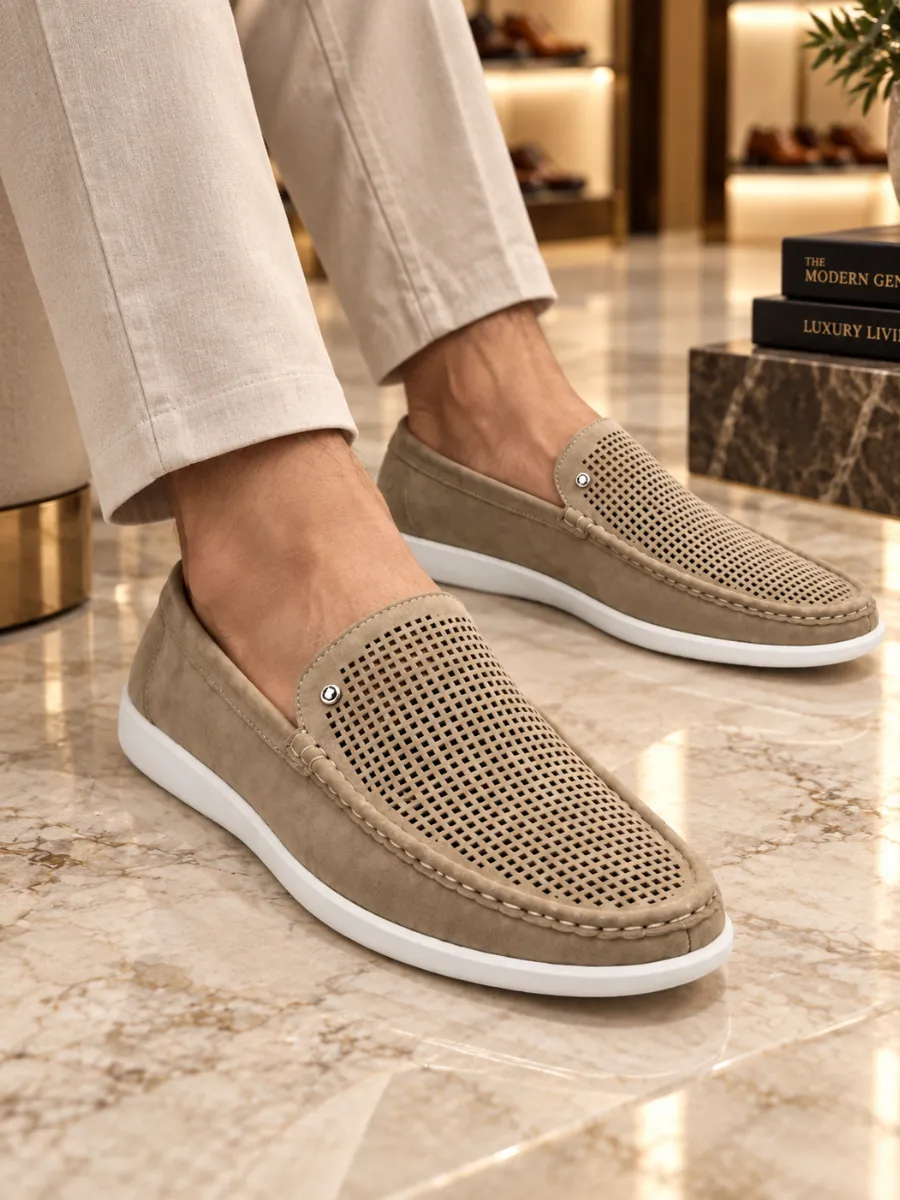 Detector Men's Beige Perforated Leather Loafers with Rubber Soles
