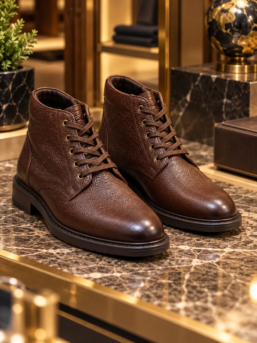 Men's Brown Textured Genuine Leather Lace-Up Boots