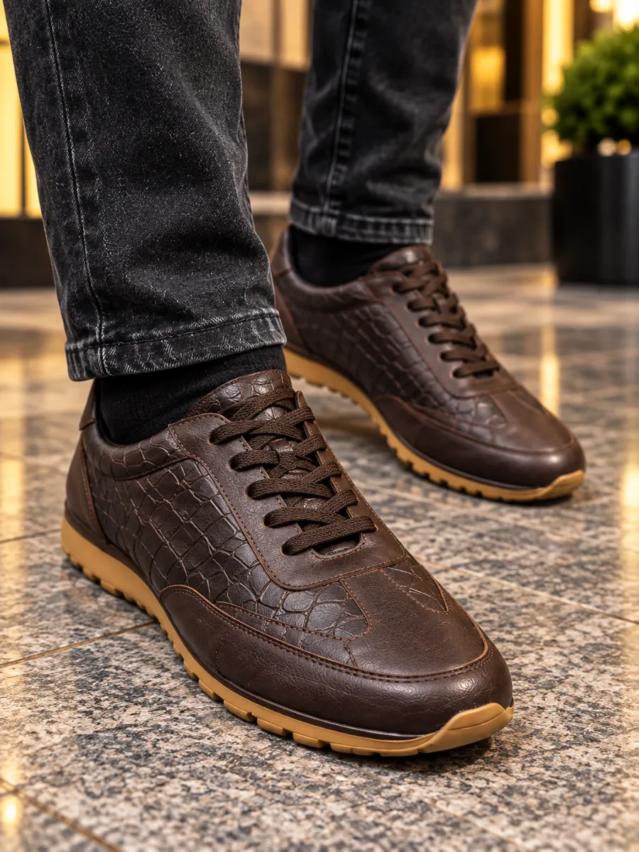 Men's Brown Croc-Pattern Genuine Leather Sneakers