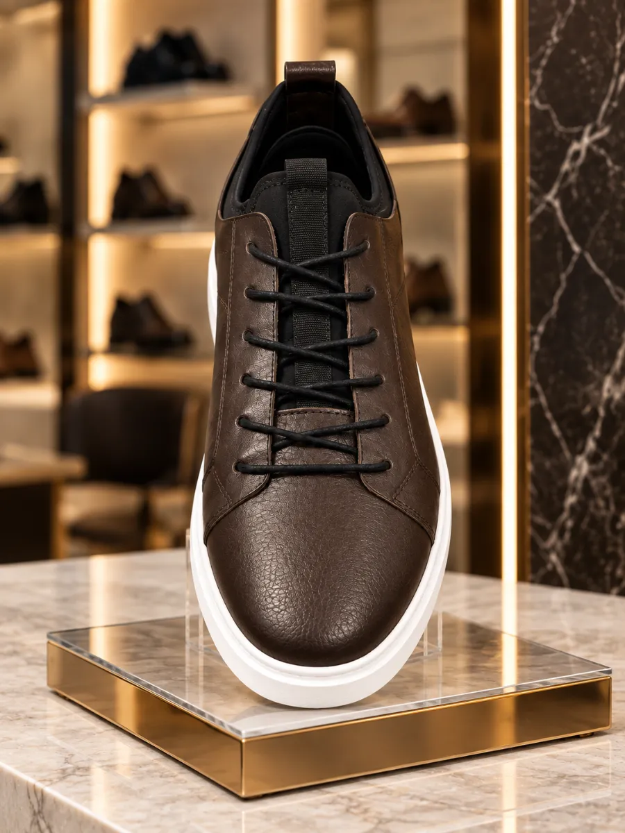 Men's Dark Brown Genuine Leather Sneakers with White Soles