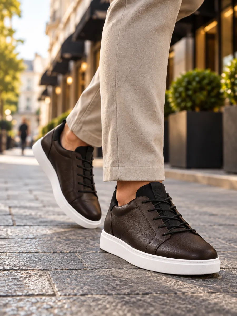 Men's Dark Brown Genuine Leather Sneakers with White Soles