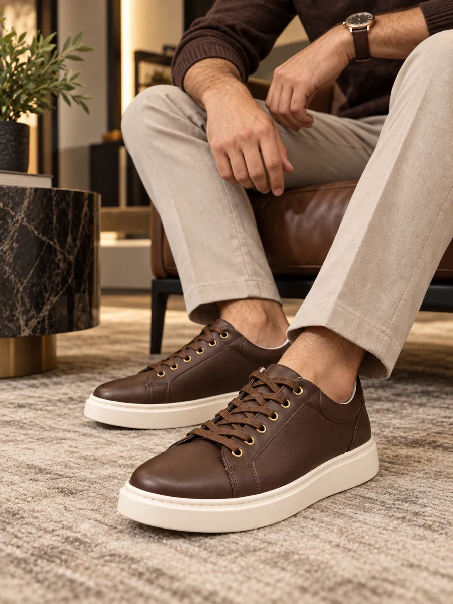 Men's Dark Brown Leather Sneakers with Off-White Soles