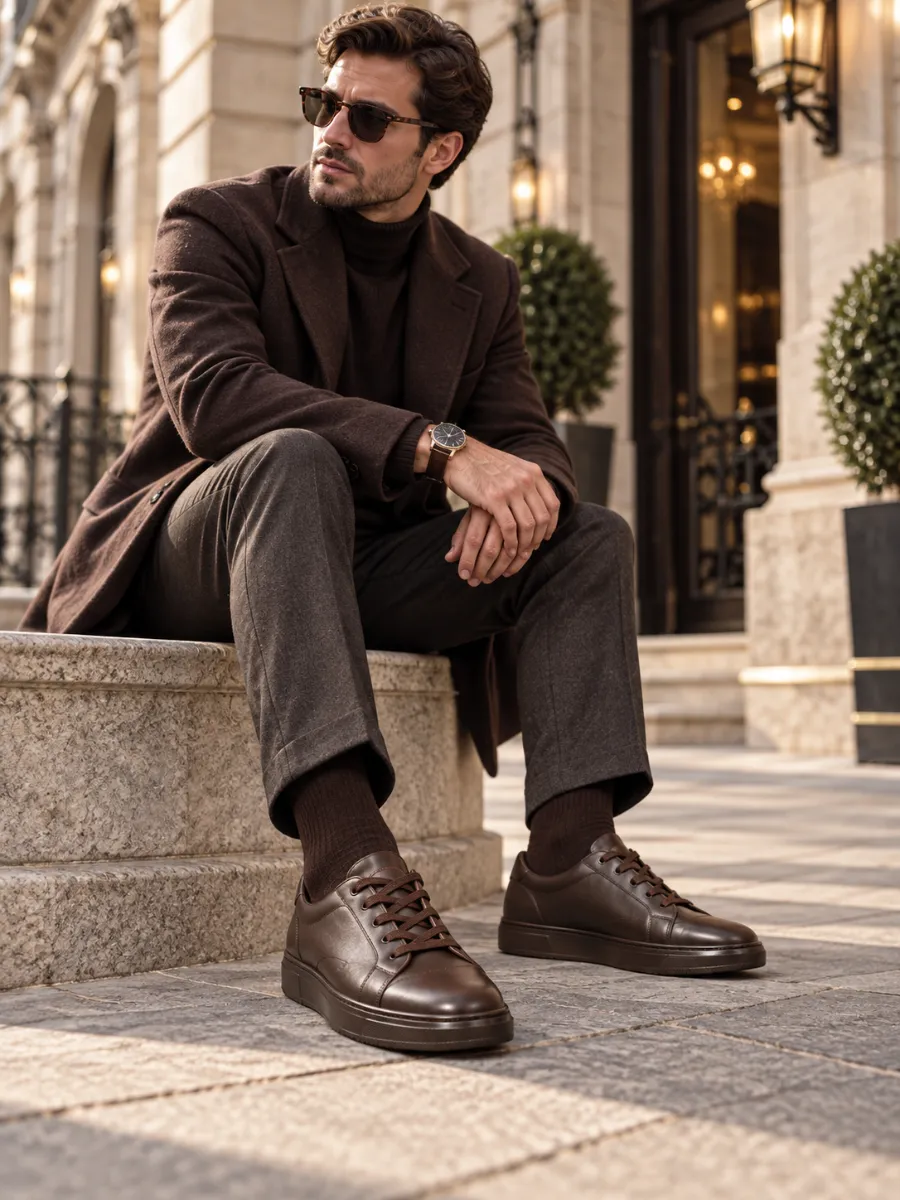 Men's Dark Brown Genuine Leather Sneakers with Tonal Soles