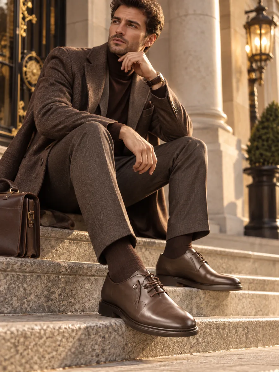 Men's Dark Brown Genuine Leather Shoes with Zip Detail