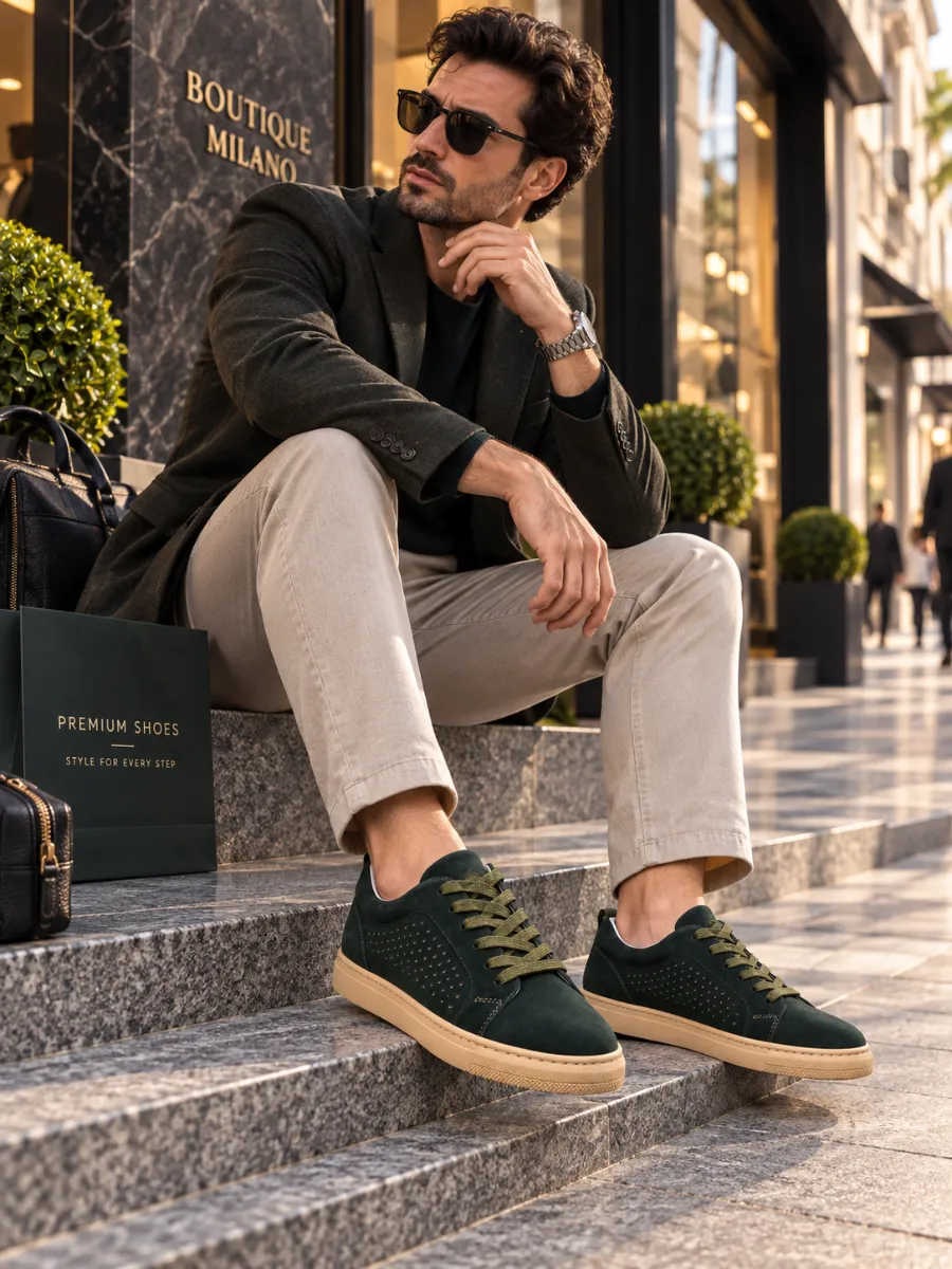 Men's Dark Green Genuine Suede Sneakers with Tan Soles