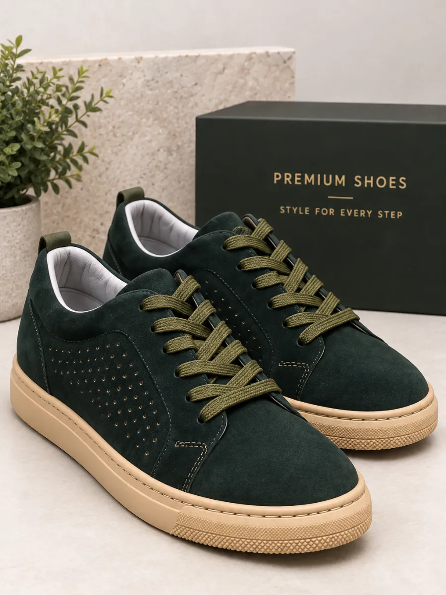 Men's Dark Green Genuine Suede Sneakers with Tan Soles