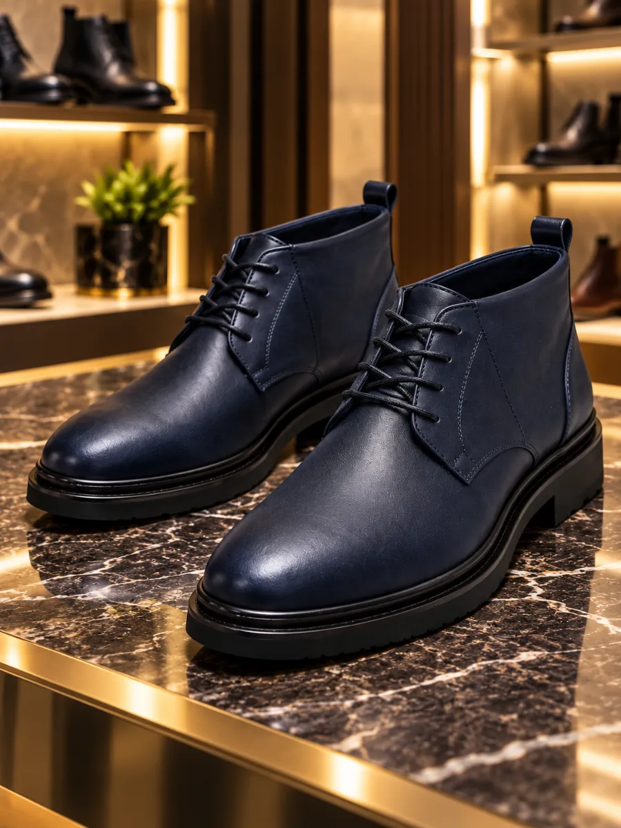 Men's Navy Genuine Leather Lace-Up Boots