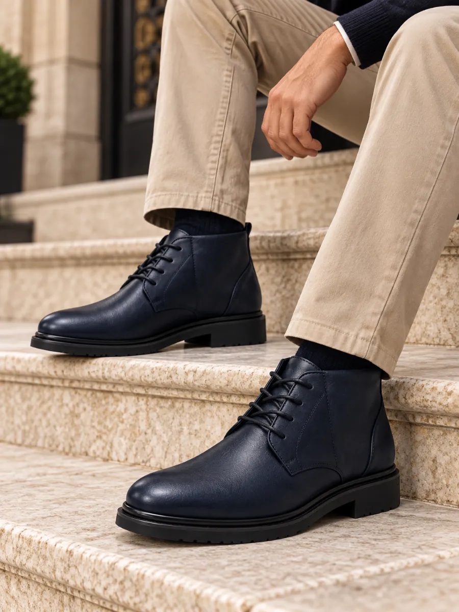 Men's Navy Genuine Leather Lace-Up Boots