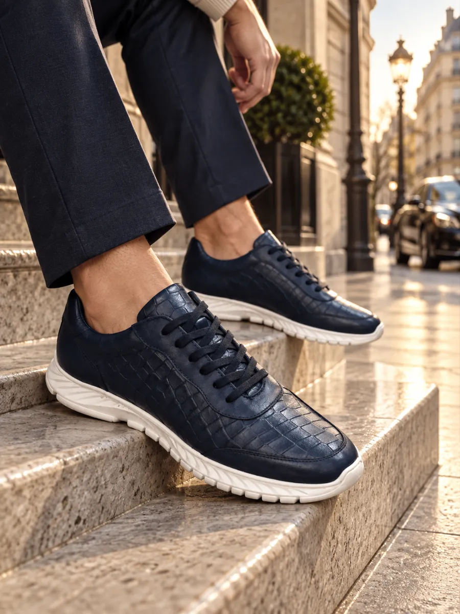 Men's Navy Croc-Pattern Genuine Leather Sneakers