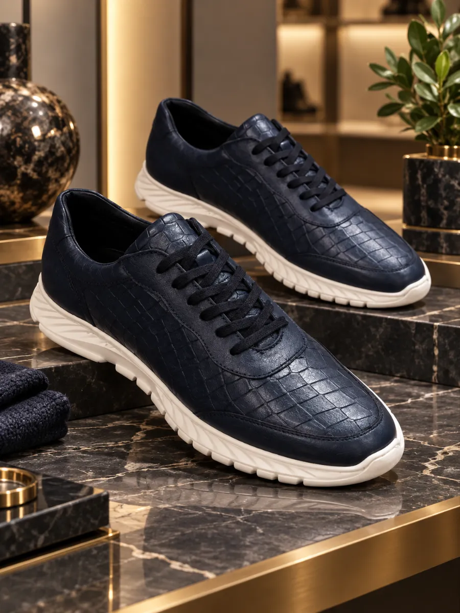 Men's Navy Croc-Pattern Genuine Leather Sneakers