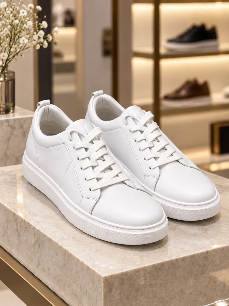 Premium Men's White Genuine Leather Sneakers