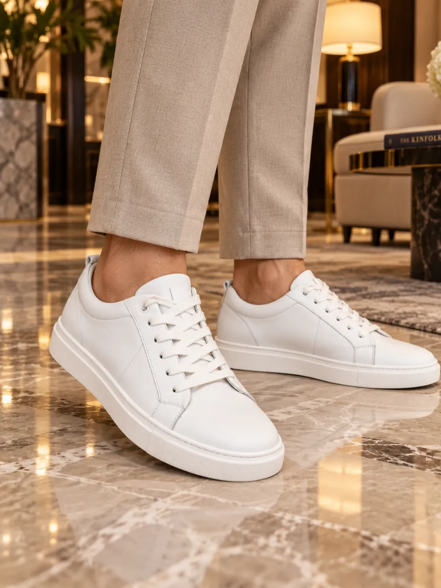 Premium Men's White Genuine Leather Sneakers