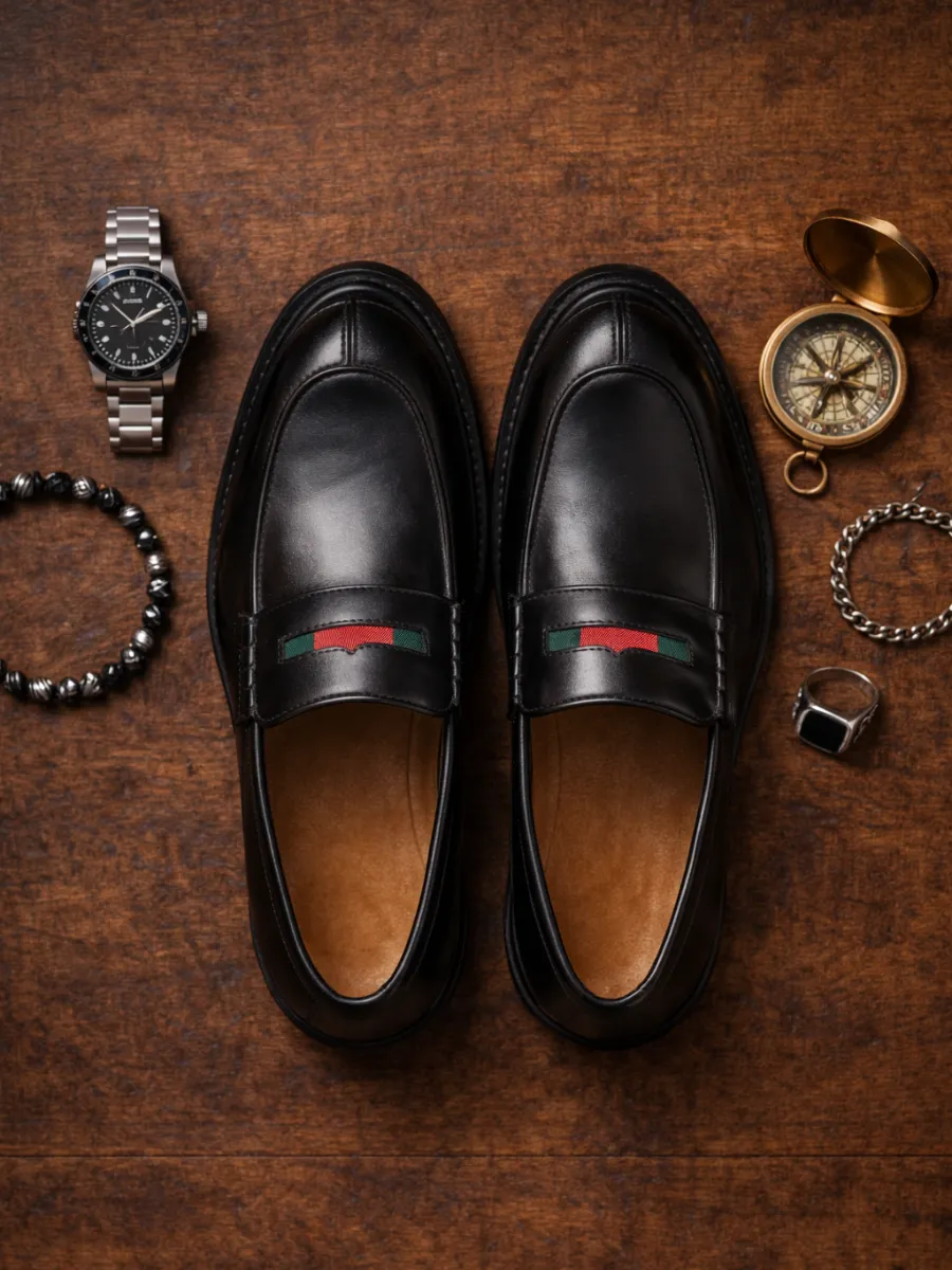 Prestige Şerit Detaylı Siyah Deri Erkek Loafer Ayakkabı