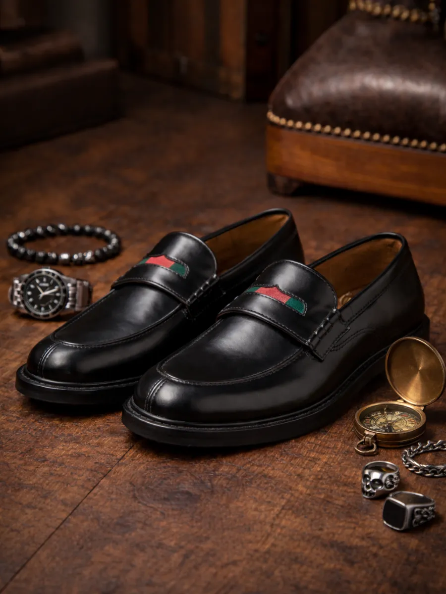 Prestige Şerit Detaylı Siyah Deri Erkek Loafer Ayakkabı