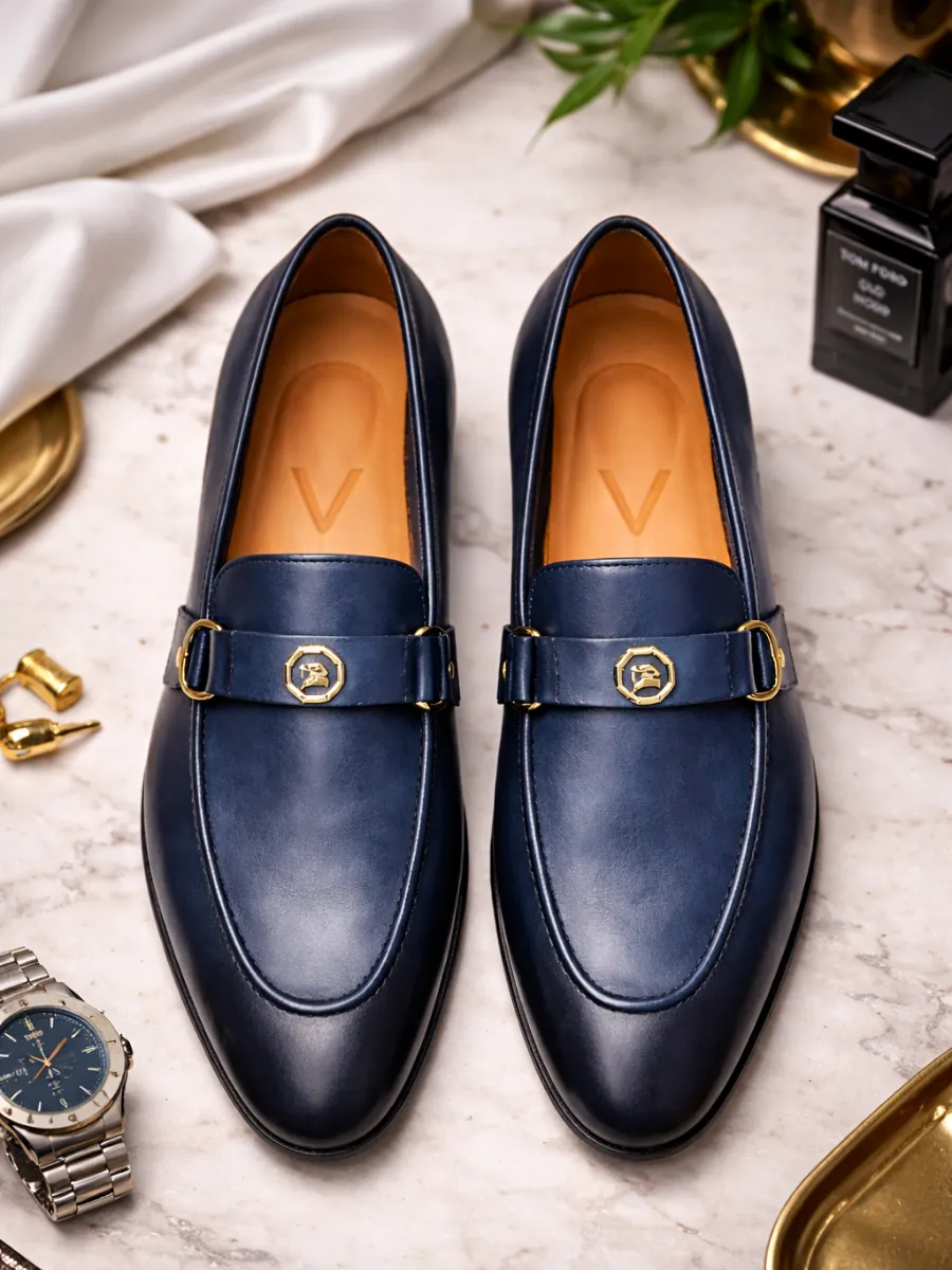 Royal Toka Detaylı Lacivert Deri Erkek Loafer Ayakkabı