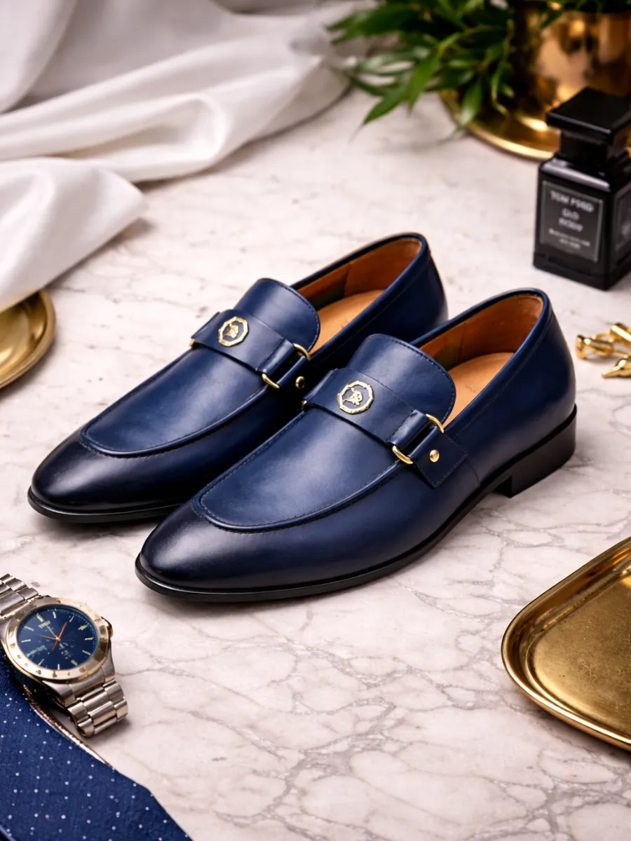 Royal Toka Detaylı Lacivert Deri Erkek Loafer Ayakkabı