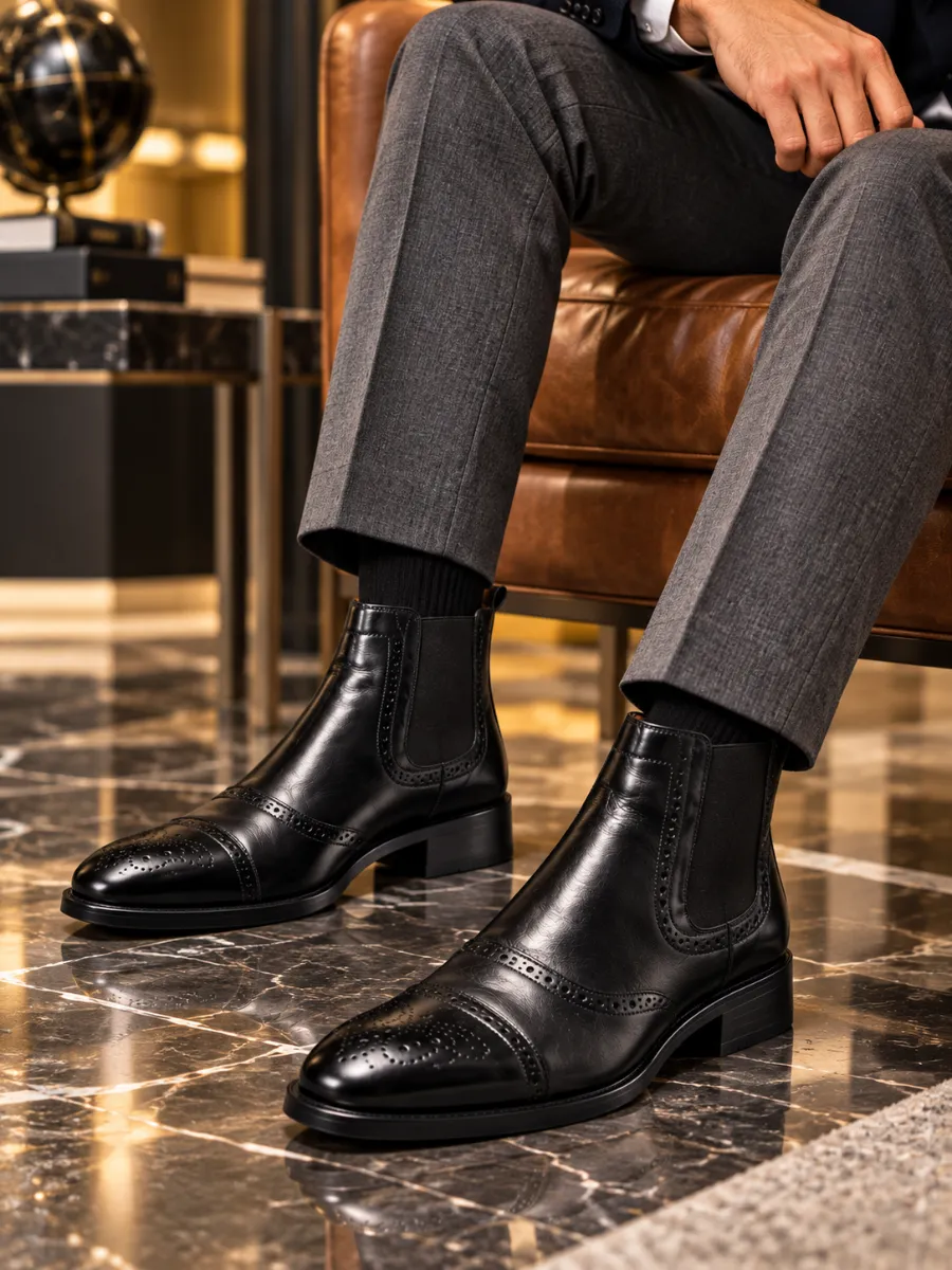 Black Genuine Leather Brogue Chelsea Men's Boots