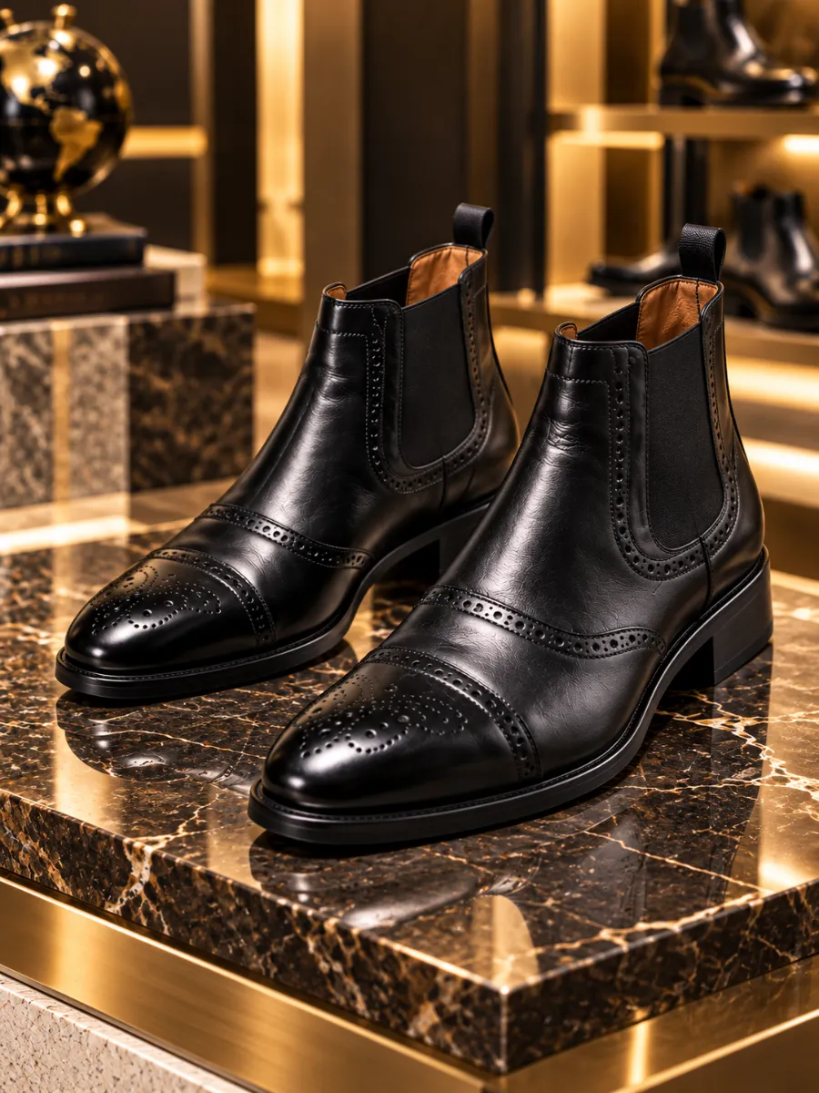 Black Genuine Leather Brogue Chelsea Men's Boots