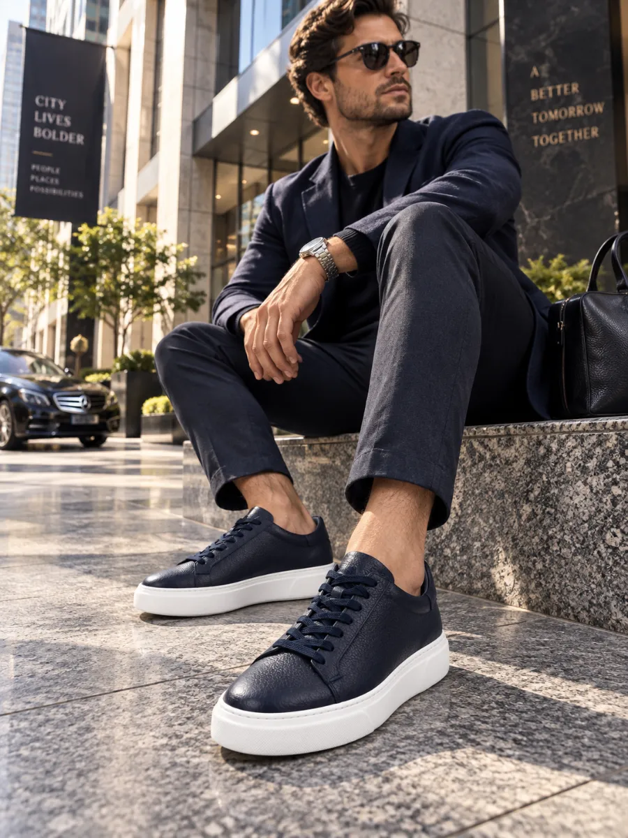 Men's Black Genuine Leather Sneakers with White Soles