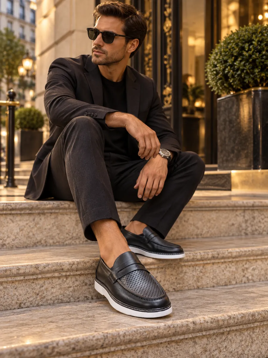 Men's Black Perforated Leather Loafers with White Soles