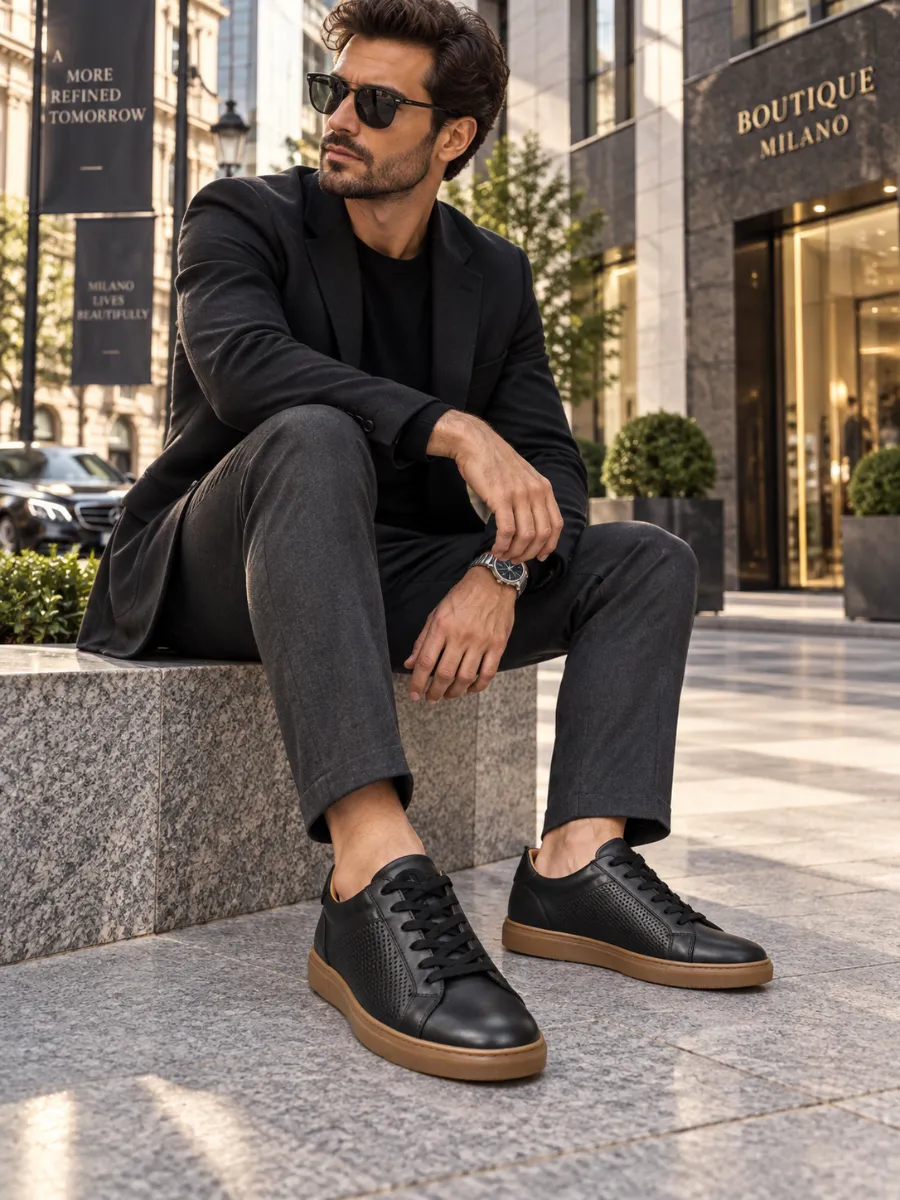 Men's Black Perforated Leather Sneakers with Tan Soles
