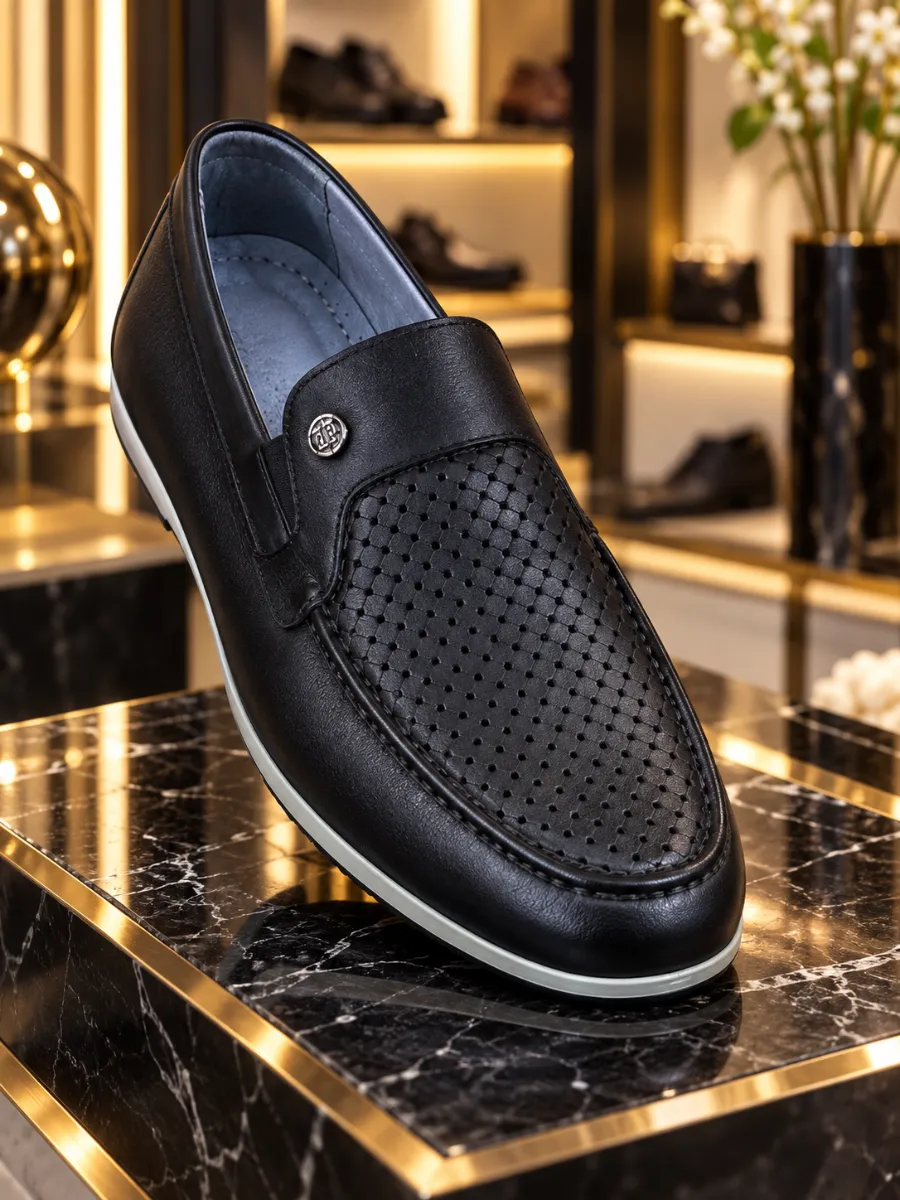 Men's Black Genuine Leather Perforated Woven-Pattern Loafers